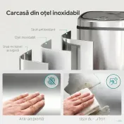 HOMCOM Coș de gunoi cu senzor infraroșu 50L, 2 moduri de deschidere, oțel inoxidabil, argintiu | Aosom Romania