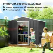 Outsunny Căsuță de Grădină 3.6m² din Oțel Zincat cu Grile de Ventilație, Căsuță de Grădină cu Uși Glisante Duble Blocabile, Acoperiș Înclinat, Căsuță pentru Unelte cu Mănuși, Gri Închis | Aosom Romania 
