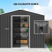 Outsunny Căsuță de Grădină 3.6m² din Oțel Zincat cu Grile de Ventilație, Căsuță de Grădină cu Uși Glisante Duble Blocabile, Acoperiș Înclinat, Căsuță pentru Unelte cu Mănuși, Gri Închis | Aosom Romania 