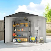 Outsunny Căsuță de Grădină 3.6m² din Oțel Zincat cu Grile de Ventilație, Căsuță de Grădină cu Uși Glisante Duble Blocabile, Acoperiș Înclinat, Căsuță pentru Unelte cu Mănuși, Gri Închis | Aosom Romania 