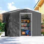 Outsunny Căsuță de Grădină 3.6m² din Oțel Zincat cu Grile de Ventilație, Căsuță de Grădină cu Uși Glisante Duble Blocabile, Acoperiș Înclinat, Căsuță pentru Unelte cu Mănuși, Gri Închis | Aosom Romania 