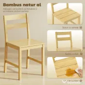 HOMCOM Set de 2 Scaune de Masă din Bambus, Scaune de Bucătărie cu Spătar Curbat, Șezut cu Lamele, Scaun pentru Bucătărie, Dormitor, Living, Culoare Naturală | Aosom Romania 