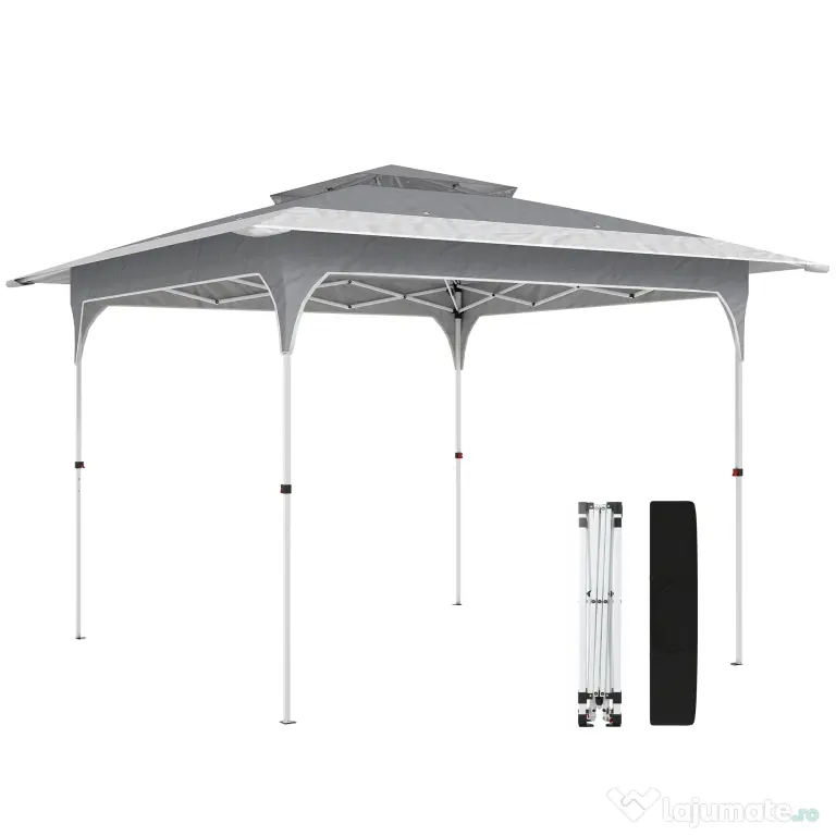 Outsunny Pavilion Pliabil 3.5x3.5 m Pop Up, Montare Ușoară cu Buton Central, Pavilion de Grădină Reglabil pe Înălțime cu Acoperiș Dublu, Geantă de Transport, UV50+, pentru Exterior, Gri Închis | Aosom Romania