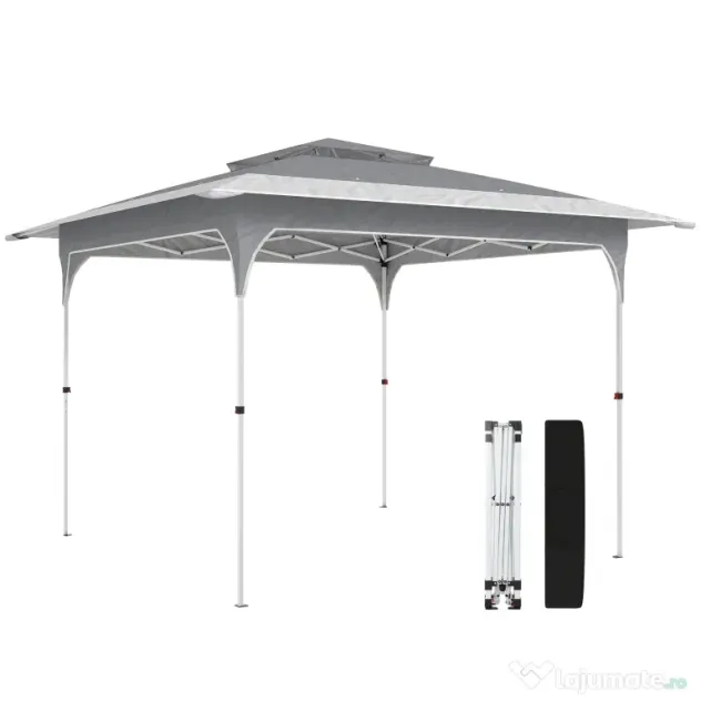 Outsunny Pavilion Pliabil 3.5x3.5 m Pop Up, Montare Ușoară cu Buton Central, Pavilion de Grădină Reglabil pe Înălțime cu Acoperiș Dublu, Geantă de Transport, UV50+, pentru Exterior, Gri Închis | Aosom Romania