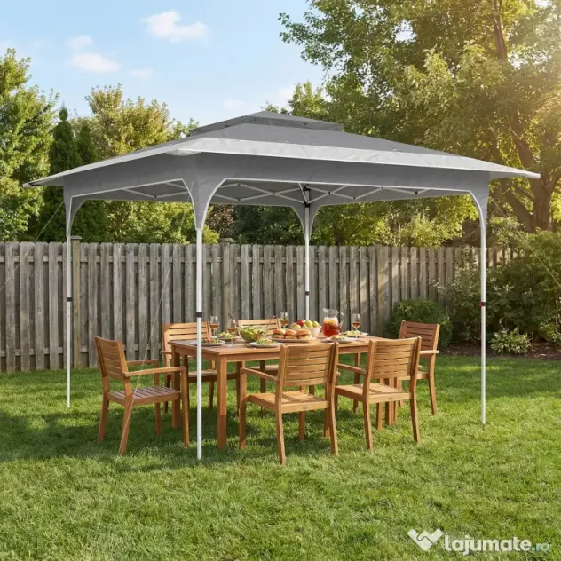 Outsunny Pavilion Pliabil 3.5x3.5 m Pop Up, Montare Ușoară cu Buton Central, Pavilion de Grădină Reglabil pe Înălțime cu Acoperiș Dublu, Geantă de Transport, UV50+, pentru Exterior, Gri Închis | Aosom Romania