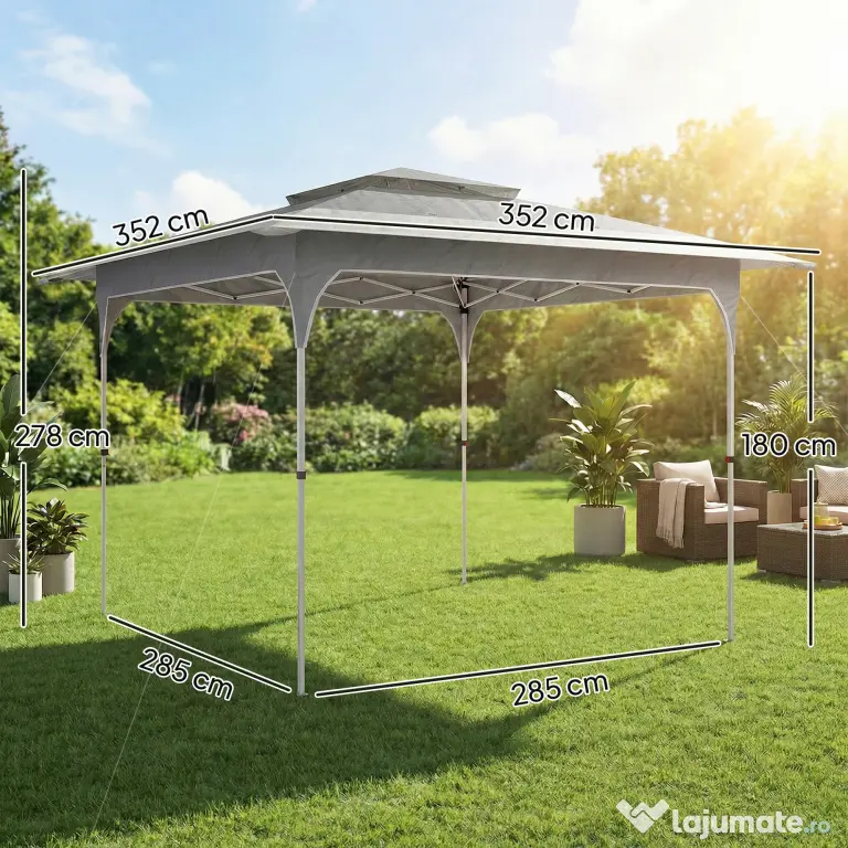 Outsunny Pavilion Pliabil 3.5x3.5 m Pop Up, Montare Ușoară cu Buton Central, Pavilion de Grădină Reglabil pe Înălțime cu Acoperiș Dublu, Geantă de Transport, UV50+, pentru Exterior, Gri Închis | Aosom Romania