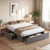 HOMCOM Cadru Pat Dublu cu Șipci și 3 Sertare, din Lemn, Poliester și Metal, 165x193x30 cm, Gri