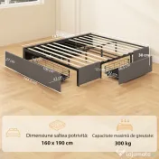 HOMCOM Cadru Pat Dublu cu Șipci și 3 Sertare, din Lemn, Poliester și Metal, 165x193x30 cm, Gri