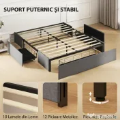 HOMCOM Cadru Pat Dublu cu Șipci și 3 Sertare, din Lemn, Poliester și Metal, 165x193x30 cm, Gri