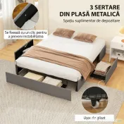 HOMCOM Cadru Pat Dublu cu Șipci și 3 Sertare, din Lemn, Poliester și Metal, 165x193x30 cm, Gri