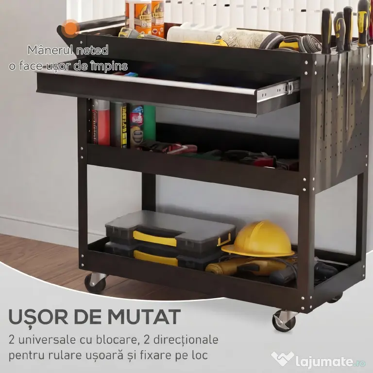 DURHAND Cărucior cu 3 Niveluri din Oțel cu Sertar, Suport Lateral pentru Unelte și Mâner, Negru | Aosom Romania