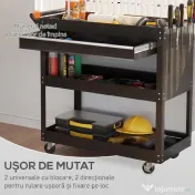 DURHAND Cărucior cu 3 Niveluri din Oțel cu Sertar, Suport Lateral pentru Unelte și Mâner, Negru | Aosom Romania 