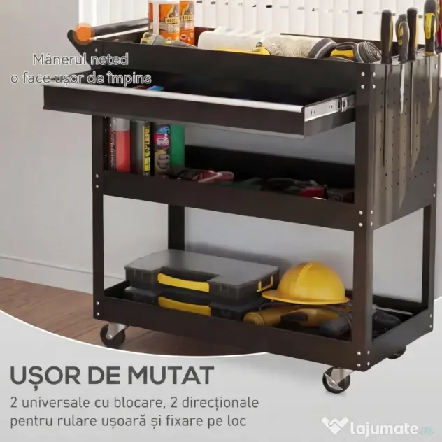 DURHAND Cărucior cu 3 Niveluri din Oțel cu Sertar, Suport Lateral pentru Unelte și Mâner, Negru | Aosom Romania