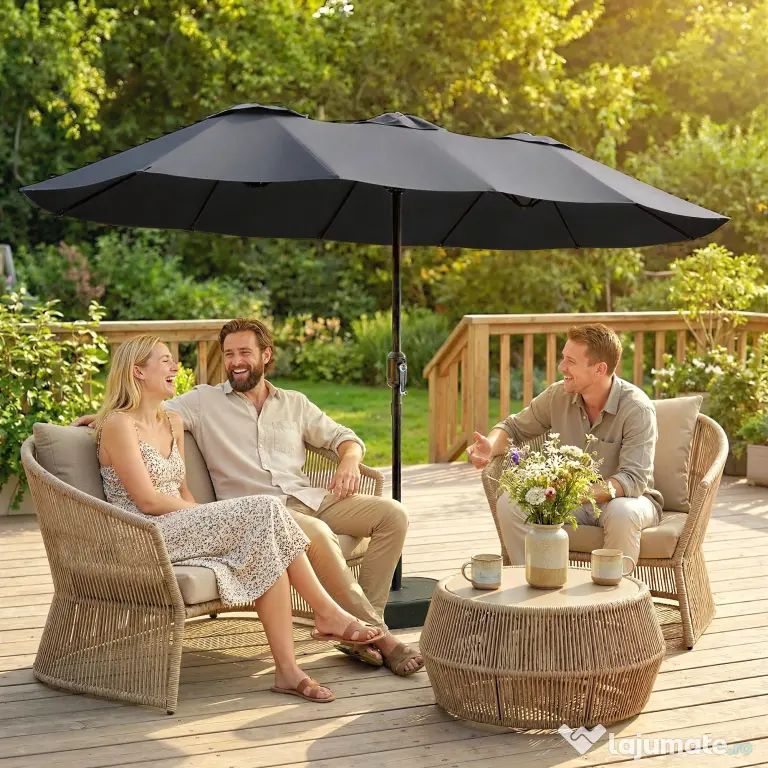Outsunny Umbrelă Dublă cu 12 Spițe, Manivelă, Bază Metalică și Saci de Nisip, din Metal și Poliester, 3x1.5 m, Gri Închis | Aosom Romania