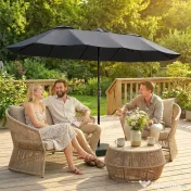Outsunny Umbrelă Dublă cu 12 Spițe, Manivelă, Bază Metalică și Saci de Nisip, din Metal și Poliester, 3x1.5 m, Gri Închis | Aosom Romania 