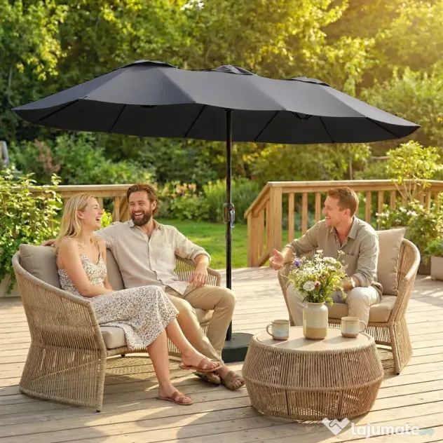 Outsunny Umbrelă Dublă cu 12 Spițe, Manivelă, Bază Metalică și Saci de Nisip, din Metal și Poliester, 3x1.5 m, Gri Închis | Aosom Romania