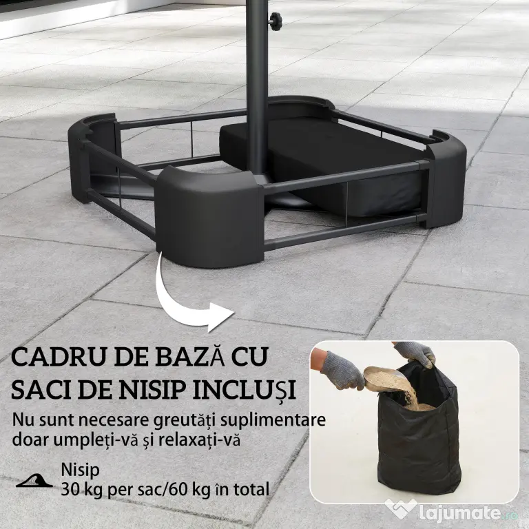 Outsunny Umbrelă Dublă cu 12 Spițe, Manivelă, Bază Metalică și Saci de Nisip, din Metal și Poliester, 3x1.5 m, Gri Închis | Aosom Romania