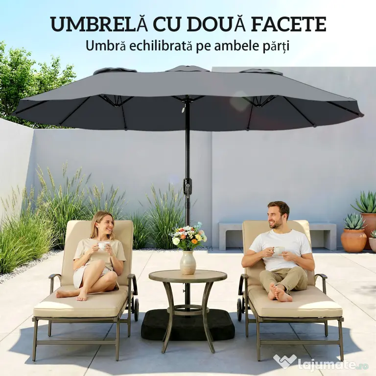 Outsunny Umbrelă Dublă cu 12 Spițe, Manivelă, Bază Metalică și Saci de Nisip, din Metal și Poliester, 3x1.5 m, Gri Închis | Aosom Romania