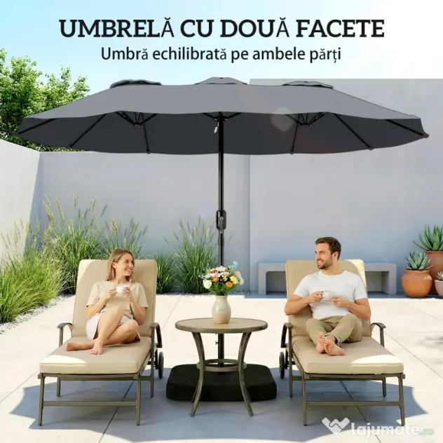 Outsunny Umbrelă Dublă cu 12 Spițe, Manivelă, Bază Metalică și Saci de Nisip, din Metal și Poliester, 3x1.5 m, Gri Închis | Aosom Romania