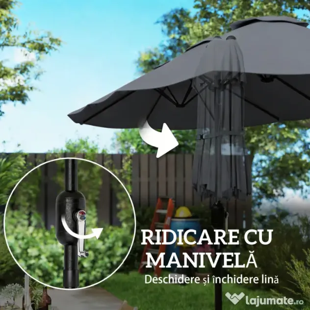 Outsunny Umbrelă Dublă cu 12 Spițe, Manivelă, Bază Metalică și Saci de Nisip, din Metal și Poliester, 3x1.5 m, Gri Închis | Aosom Romania