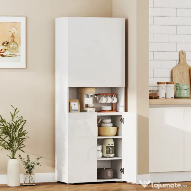 HOMCOM Dulap Bucătărie Înalt 180cm, Mobilier Depozitare cu Uși Soft-Close, Raft Deschis, 2 Dulapuri, Rafturi Ajustabile, Stil Modern pentru Sufragerie sau Bucătărie, Alb Lucios | Aosom Romania