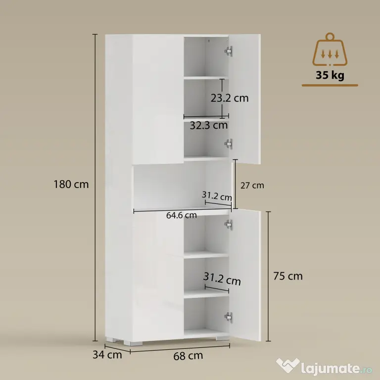 HOMCOM Dulap Bucătărie Înalt 180cm, Mobilier Depozitare cu Uși Soft-Close, Raft Deschis, 2 Dulapuri, Rafturi Ajustabile, Stil Modern pentru Sufragerie sau Bucătărie, Alb Lucios | Aosom Romania