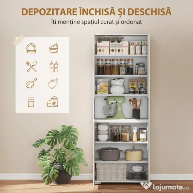 HOMCOM Dulap Bucătărie Înalt 180cm, Mobilier Depozitare cu Uși Soft-Close, Raft Deschis, 2 Dulapuri, Rafturi Ajustabile, Stil Modern pentru Sufragerie sau Bucătărie, Alb Lucios | Aosom Romania