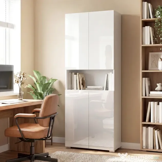 HOMCOM Dulap Bucătărie Înalt 180cm, Mobilier Depozitare cu Uși Soft-Close, Raft Deschis, 2 Dulapuri, Rafturi Ajustabile, Stil Modern pentru Sufragerie sau Bucătărie, Alb Lucios | Aosom Romania