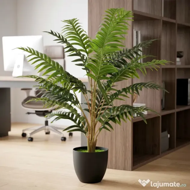 HOMCOM Plantă Artificială de Ferigă cu 20 de Frunze din PEVA, Ramuri Flexibile, Ghiveci Negru din PP și Ciment, Verde