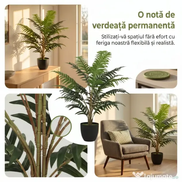 HOMCOM Plantă Artificială de Ferigă cu 20 de Frunze din PEVA, Ramuri Flexibile, Ghiveci Negru din PP și Ciment, Verde