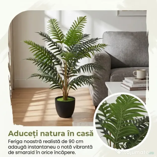 HOMCOM Plantă Artificială de Ferigă cu 20 de Frunze din PEVA, Ramuri Flexibile, Ghiveci Negru din PP și Ciment, Verde
