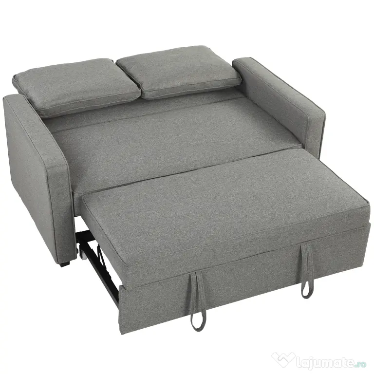 HOMCOM 3 în 1 Canapea Extensibilă 2 Locuri cu Spătar Reglabil pe 3 Poziții, 2 Perne, Material Textil Tip In Gri | Aosom Romania