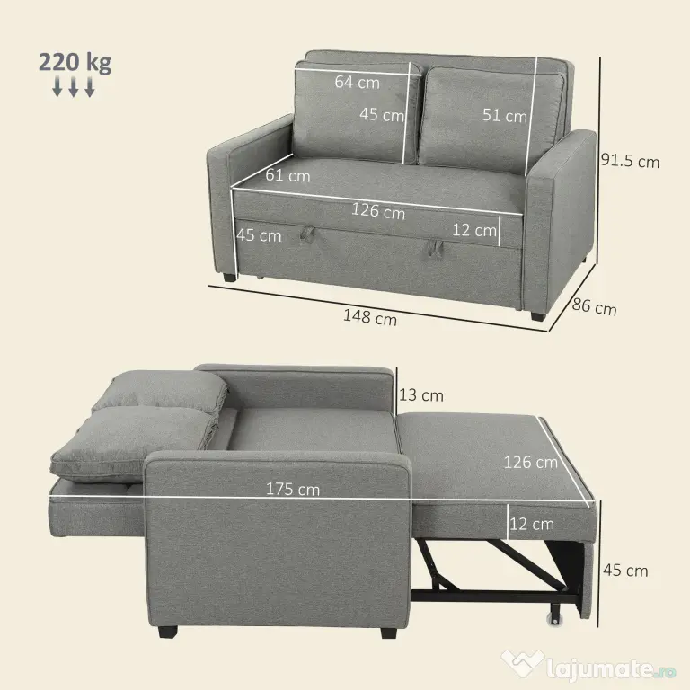 HOMCOM 3 în 1 Canapea Extensibilă 2 Locuri cu Spătar Reglabil pe 3 Poziții, 2 Perne, Material Textil Tip In Gri | Aosom Romania