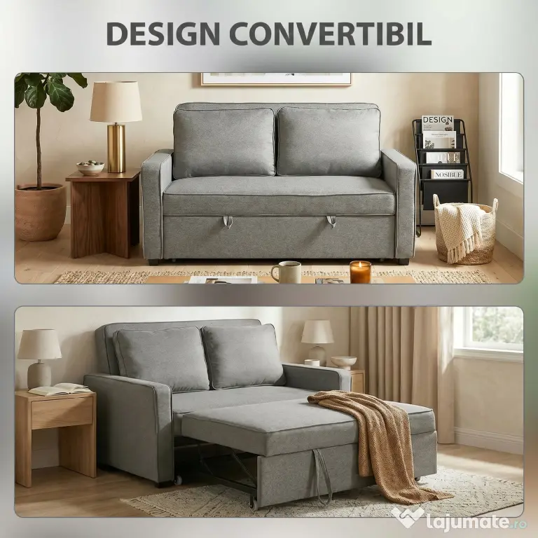 HOMCOM 3 în 1 Canapea Extensibilă 2 Locuri cu Spătar Reglabil pe 3 Poziții, 2 Perne, Material Textil Tip In Gri | Aosom Romania