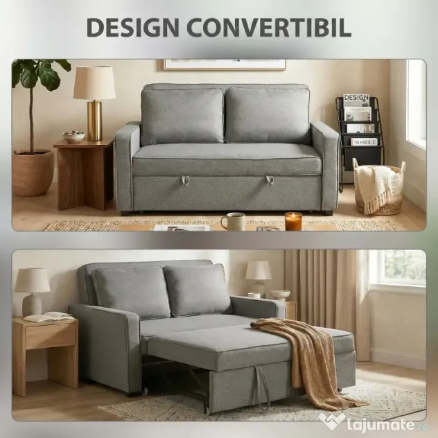 HOMCOM 3 în 1 Canapea Extensibilă 2 Locuri cu Spătar Reglabil pe 3 Poziții, 2 Perne, Material Textil Tip In Gri | Aosom Romania