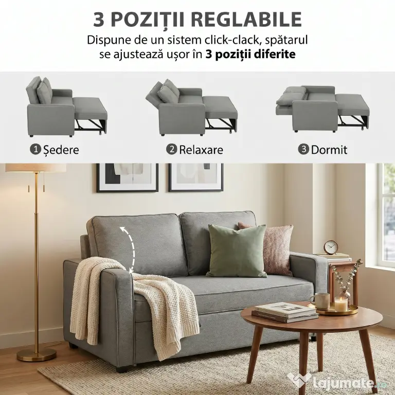 HOMCOM 3 în 1 Canapea Extensibilă 2 Locuri cu Spătar Reglabil pe 3 Poziții, 2 Perne, Material Textil Tip In Gri | Aosom Romania