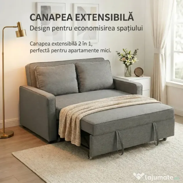 HOMCOM 3 în 1 Canapea Extensibilă 2 Locuri cu Spătar Reglabil pe 3 Poziții, 2 Perne, Material Textil Tip In Gri | Aosom Romania
