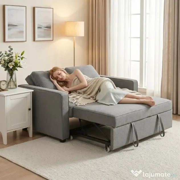 HOMCOM 3 în 1 Canapea Extensibilă 2 Locuri cu Spătar Reglabil pe 3 Poziții, 2 Perne, Material Textil Tip In Gri | Aosom Romania