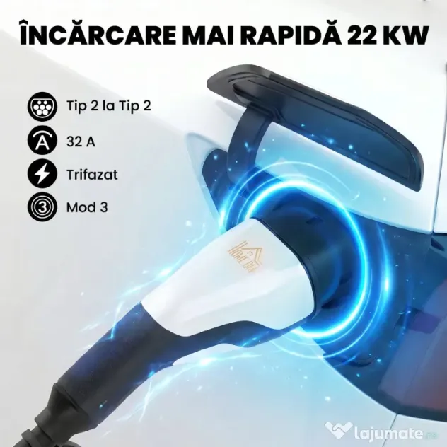 HOMCOM Cablu Încărcare EV Tip 2, 22 KW, 32 A, Mod 3, Trifazat, 5m, Negru | Aosom Romania