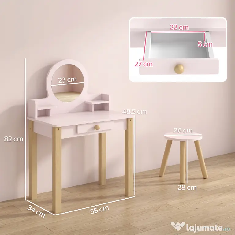 AIYAPLAY Set Masă de Toaletă pentru Fete cu Taburet, Oglindă, Sertar, din Lemn de Pin și MDF, pentru 3-6 Ani, Roz | Aosom Romania
