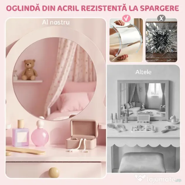 AIYAPLAY Set Masă de Toaletă pentru Fete cu Taburet, Oglindă, Sertar, din Lemn de Pin și MDF, pentru 3-6 Ani, Roz | Aosom Romania