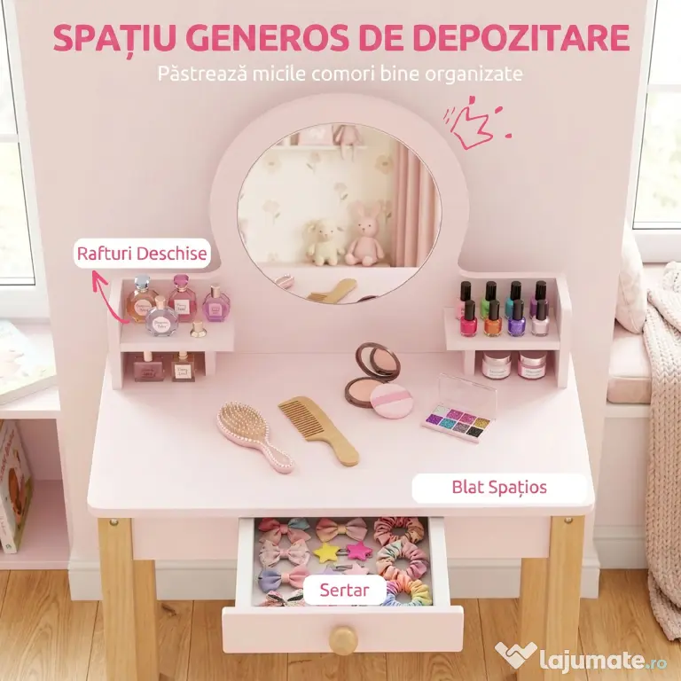 AIYAPLAY Set Masă de Toaletă pentru Fete cu Taburet, Oglindă, Sertar, din Lemn de Pin și MDF, pentru 3-6 Ani, Roz | Aosom Romania