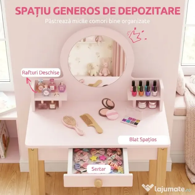 AIYAPLAY Set Masă de Toaletă pentru Fete cu Taburet, Oglindă, Sertar, din Lemn de Pin și MDF, pentru 3-6 Ani, Roz | Aosom Romania