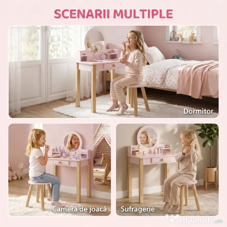 AIYAPLAY Set Masă de Toaletă pentru Fete cu Taburet, Oglindă, Sertar, din Lemn de Pin și MDF, pentru 3-6 Ani, Roz | Aosom Romania