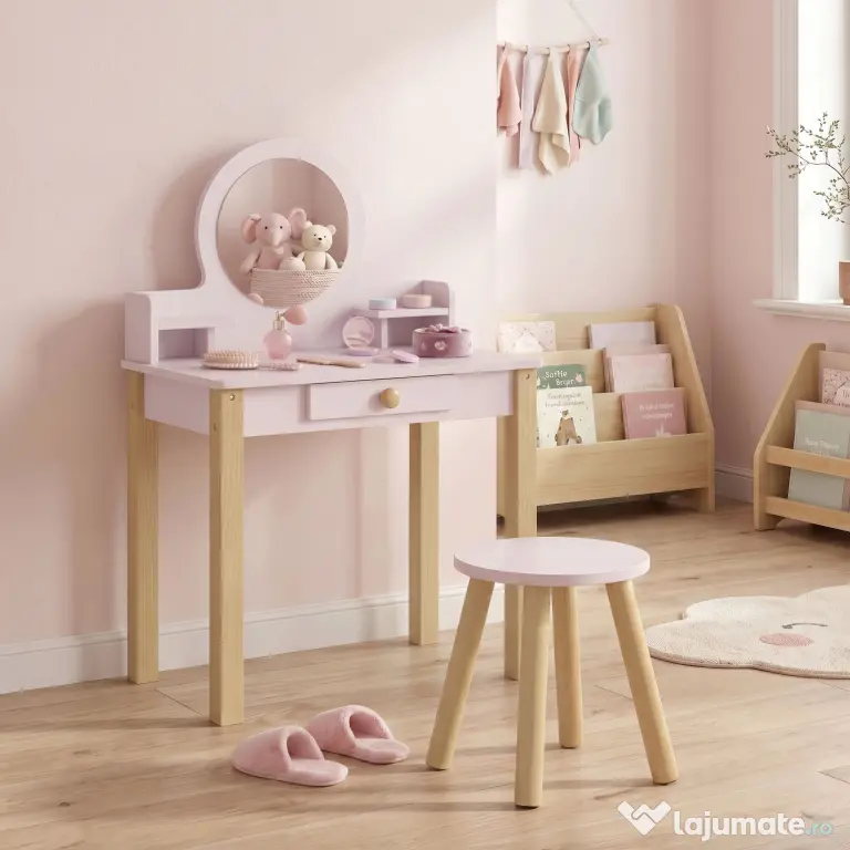 AIYAPLAY Set Masă de Toaletă pentru Fete cu Taburet, Oglindă, Sertar, din Lemn de Pin și MDF, pentru 3-6 Ani, Roz | Aosom Romania