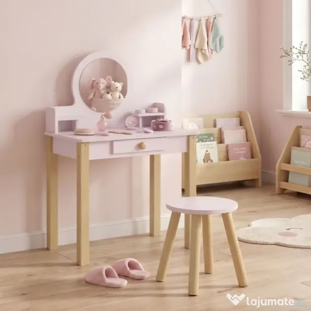 AIYAPLAY Set Masă de Toaletă pentru Fete cu Taburet, Oglindă, Sertar, din Lemn de Pin și MDF, pentru 3-6 Ani, Roz | Aosom Romania
