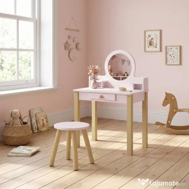 AIYAPLAY Set Masă de Toaletă pentru Fete cu Taburet, Oglindă, Sertar, din Lemn de Pin și MDF, pentru 3-6 Ani, Roz | Aosom Romania