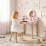 AIYAPLAY Set Masă de Toaletă pentru Fete cu Taburet, Oglindă, Sertar, din Lemn de Pin și MDF, pentru 3-6 Ani, Roz