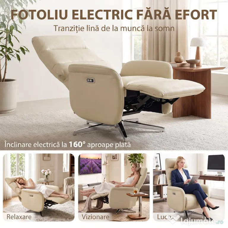 HOMCOM Fotoliu Reclinabil Electric, Rotativ, cu Suport pentru Picioare, USB, Bej | Aosom Romania