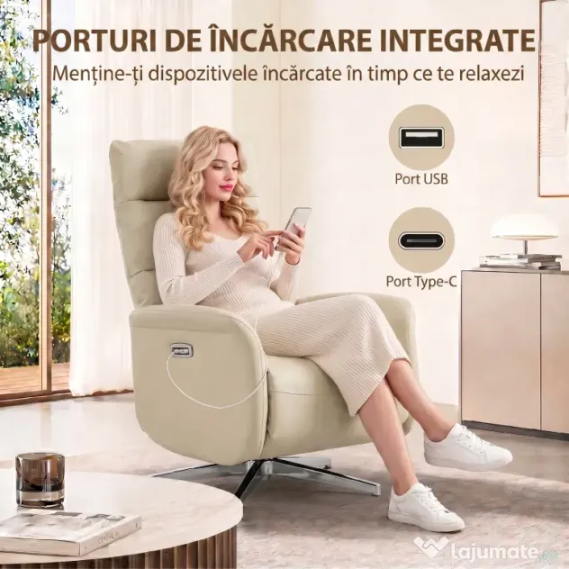 HOMCOM Fotoliu Reclinabil Electric, Rotativ, cu Suport pentru Picioare, USB, Bej | Aosom Romania
